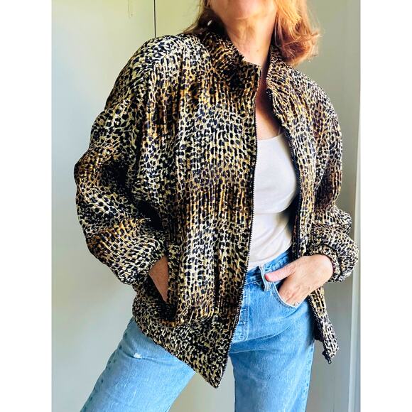 Vintage 80s Animal Print Womens Zipper Jacket/Bomber Micro Pleated Sz L/XL - Picture 1 of 10
